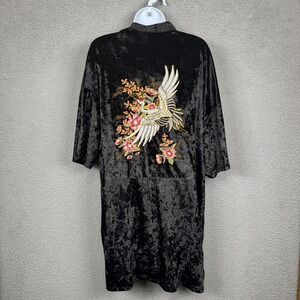 Gypsy Heart Wrap Women S Black Velvet Kimono Robe Duster Embroidered Asian Crane